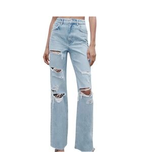 Zara Hi-Rise Wide Leg Destroyed Jeans with Raw Hem Size 46 (14) New With Tags